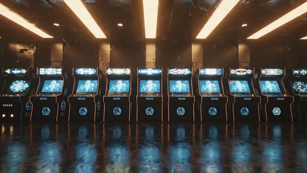 Ten arcade cabinets in the Game Lounge